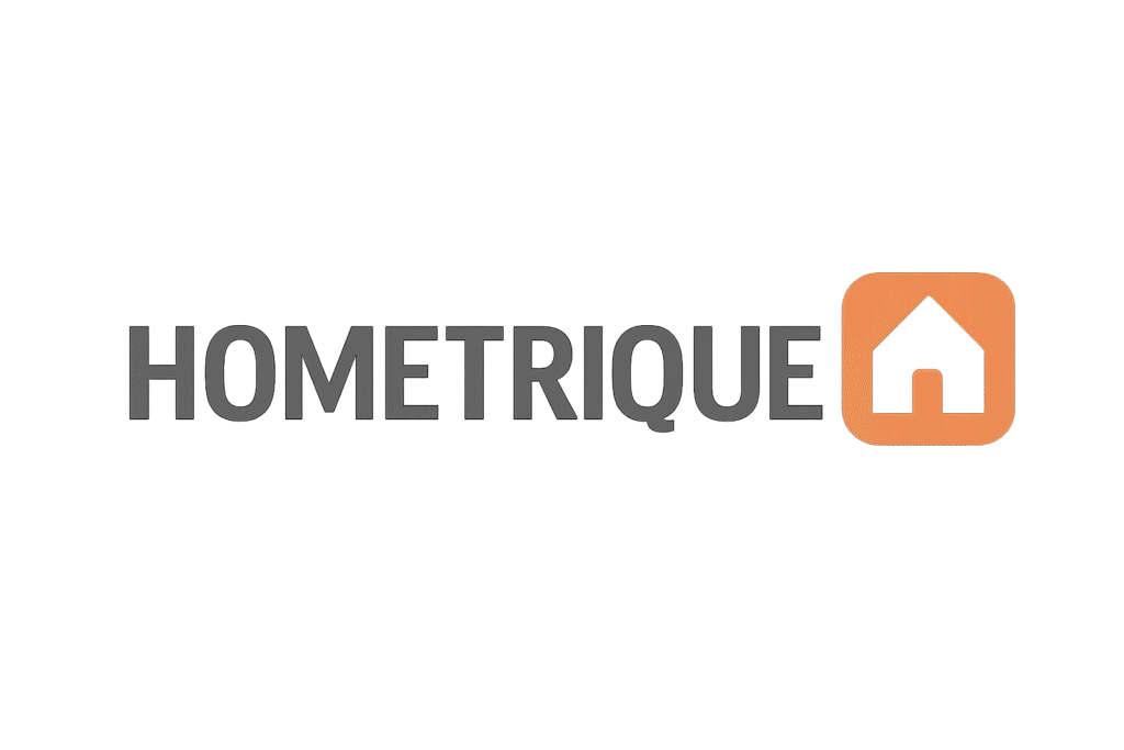 Hometrique Logo – Modern logo featuring a stylized house icon paired with clean, dark gray text for a contemporary home-focused blog.